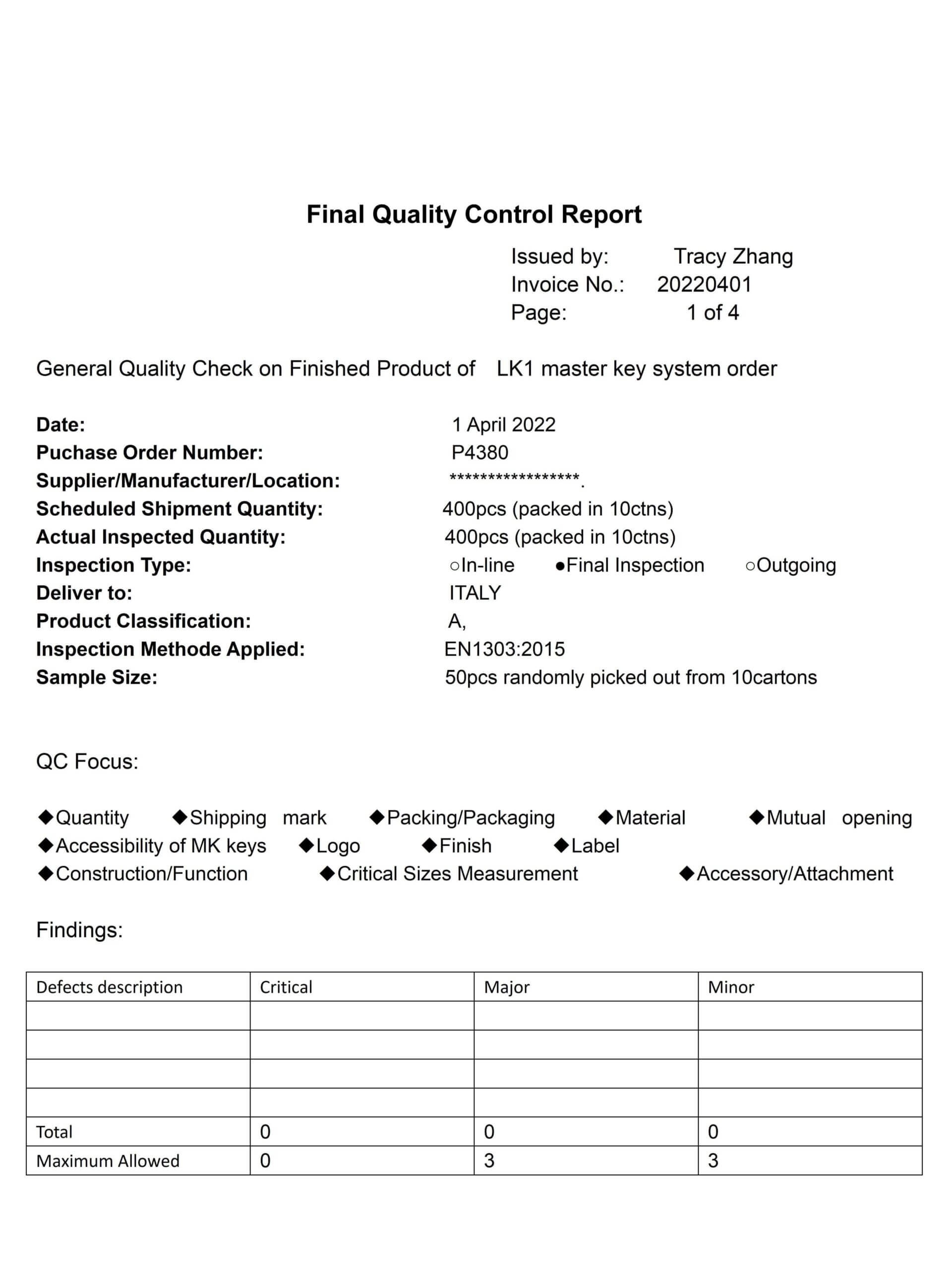 1 eos lock cylinder quality check report